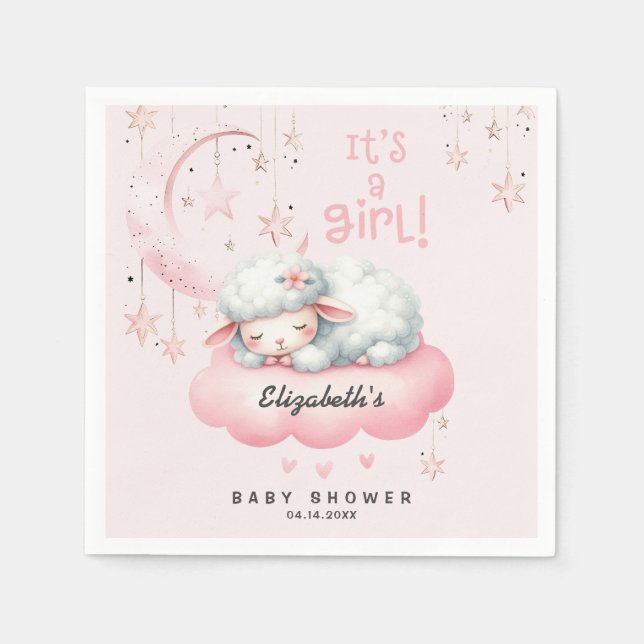 Pink Lamb Girl Baby Shower Napkin (Front)