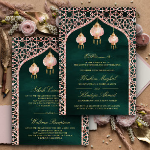 Pink Lanterns Emerald Rose Gold Muslim Wedding Invitation
