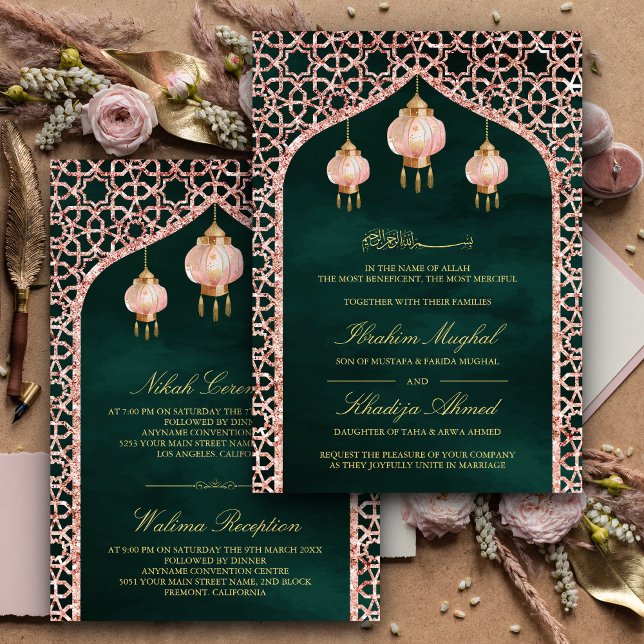Pink Lanterns Emerald Rose Gold Muslim Wedding Invitation (Creator Uploaded)