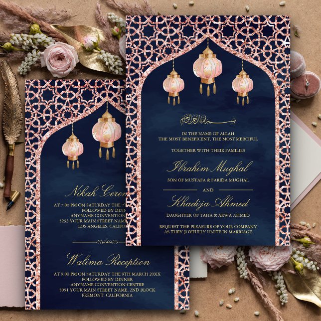 Pink Lanterns Navy Blue Rose Gold Muslim Wedding Invitation (Creator Uploaded)