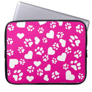 Pink Laptop Case with White  Paw Prints Pattern