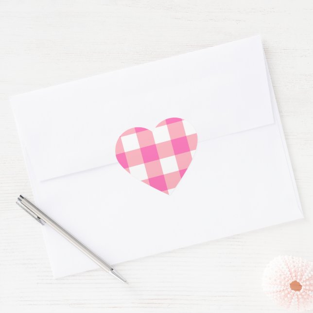 Pink Large Gingham Plaid Checks Heart Sticker (Envelope)