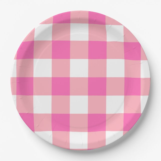 Pink Large Gingham Plaid Checks Paper Plate (Front)