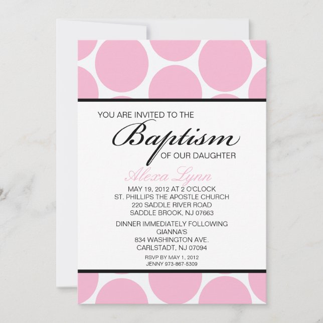 Pink Large Polka Dot Girls Baptism Invitation (Front)