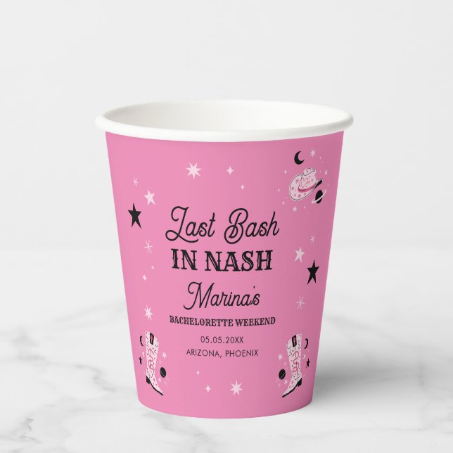 Pink Last Bash in Nash Nashville Bachelorette Name Paper Cups (Front)