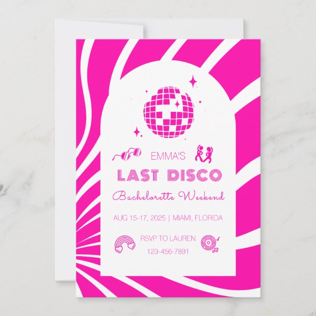 Pink Last Disco Bachelorette Weekend Invitation (Front)