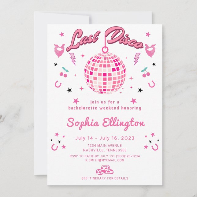 Pink Last Disco Bachelorette Weekend Itinerary  Invitation (Front)