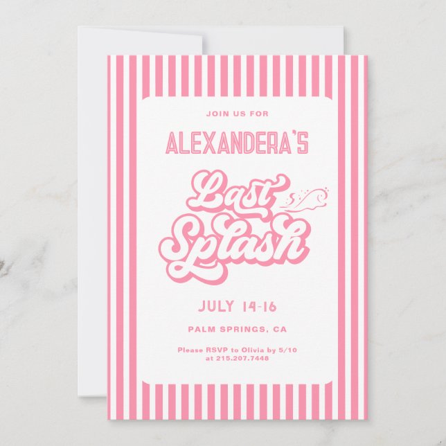 Pink Last Splash Pool Bachelorette Party Invitation (Front)