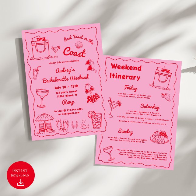 Pink Last Toast On The Coast Bachelorette Weekend Invitation (Creator Uploaded)