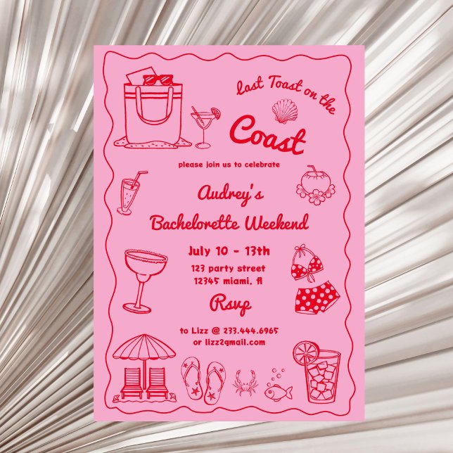 Pink Last Toast On The Coast Bachelorette Weekend Invitation (Creator Uploaded)