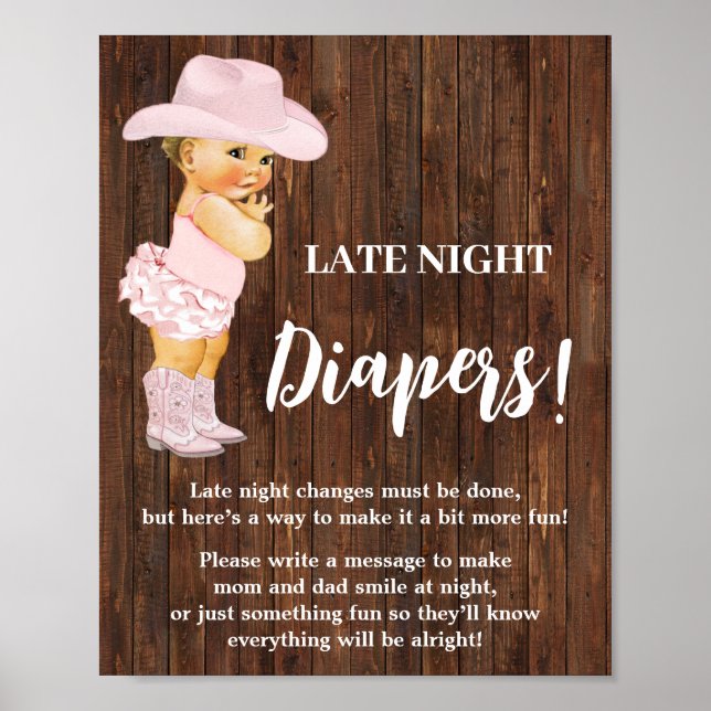Pink Late Night Diapers Game Cowgirl Baby Shower Poster (Front)