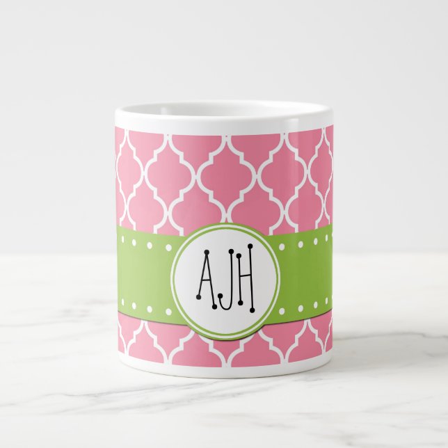 Pink Latticework, Quatrefoil, Trellis, Monogram Large Coffee Mug (Front)