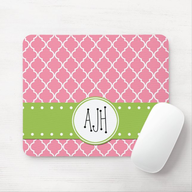 Pink Latticework, Quatrefoil, Trellis, Monogram Mouse Mat (With Mouse)