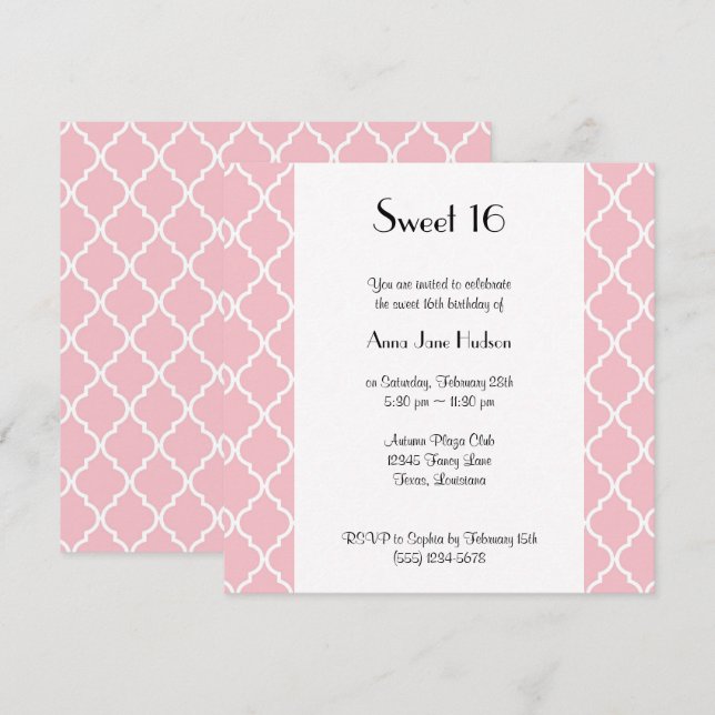 Pink Latticework, Quatrefoil, Trellis, Sweet 16 Invitation (Front/Back)
