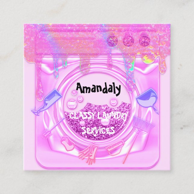 Pink Laundry Washing Cleaning Service QR Code Square Business Card (Front)