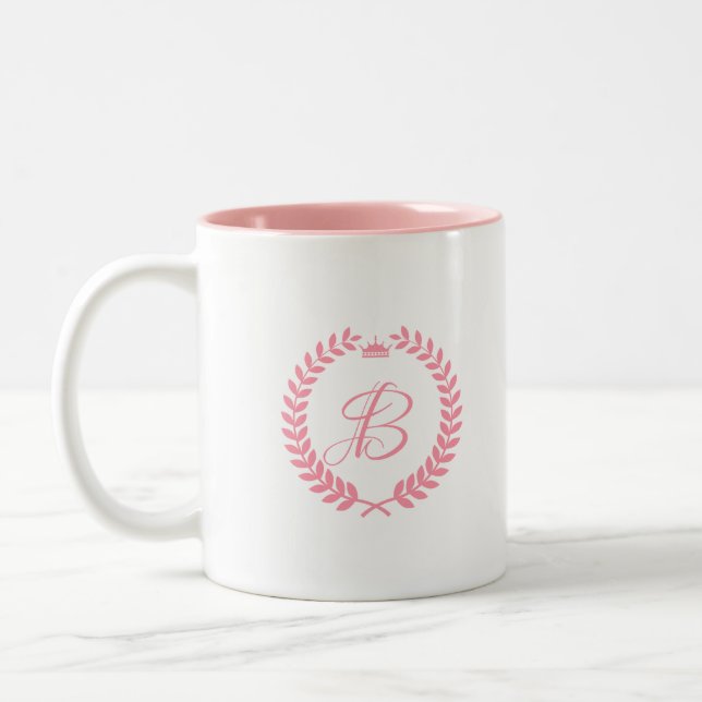 Pink Laurel Wreath With Monogram Two-Tone Coffee Mug (Left)