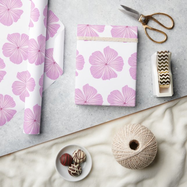 Pink Lavatera Flower Blooms on White Wrapping Paper (Crafts)