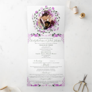 Pink Lavender and Purple Peony Floral Wedding Tri-Fold Invitation