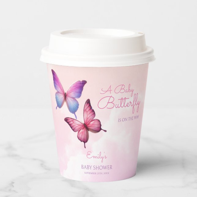 Pink Lavender Butterfly Baby Shower  Paper Cups (Front)