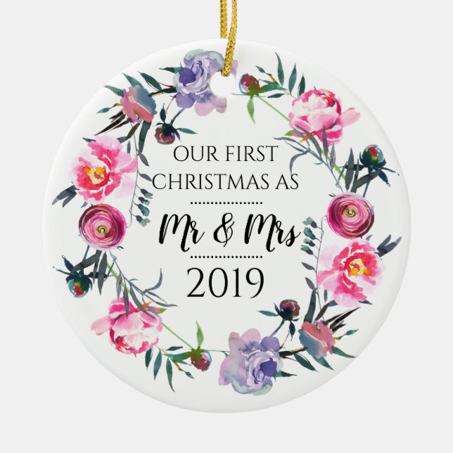 Pink Lavender First Christmas as Mr & Mrs Ceramic Tree Decoration (Front)