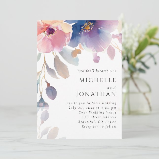 Pink Lavender Floral Christian Bible Verse Wedding Invitation (Standing Front)