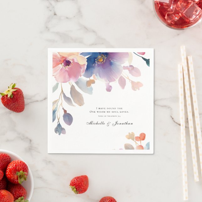 Pink Lavender Floral Christian Bible Verse Wedding Napkin (Insitu)