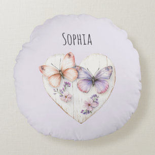 Pink Lavender Floral Heart Butterflies Birthday Round Cushion