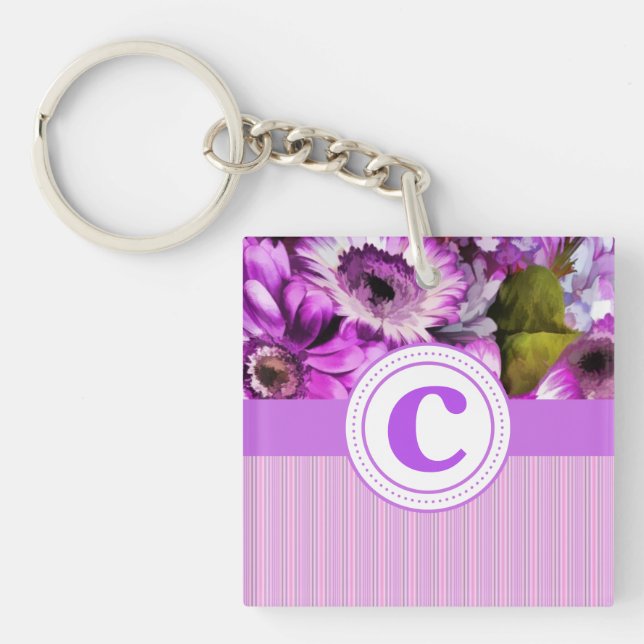 Pink Lavender Floral & Stripes Monogram Keychain (Front)