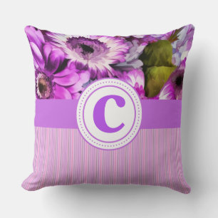 Pink Lavender Floral & Stripes Monogram Pillow