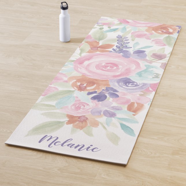 Pink lavender floral watercolor name monogram yoga mat (In Situ)