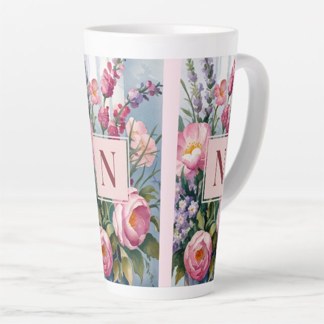Pink Lavender Flowers Modern Watercolor  Latte Mug (Right Angle)