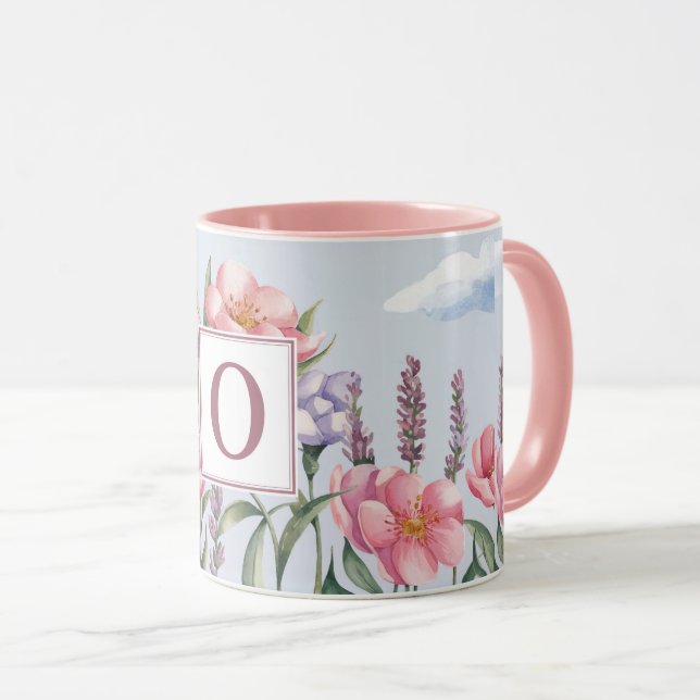 Pink Lavender Flowers Pink O Monogram Combo Mug (Front Right)