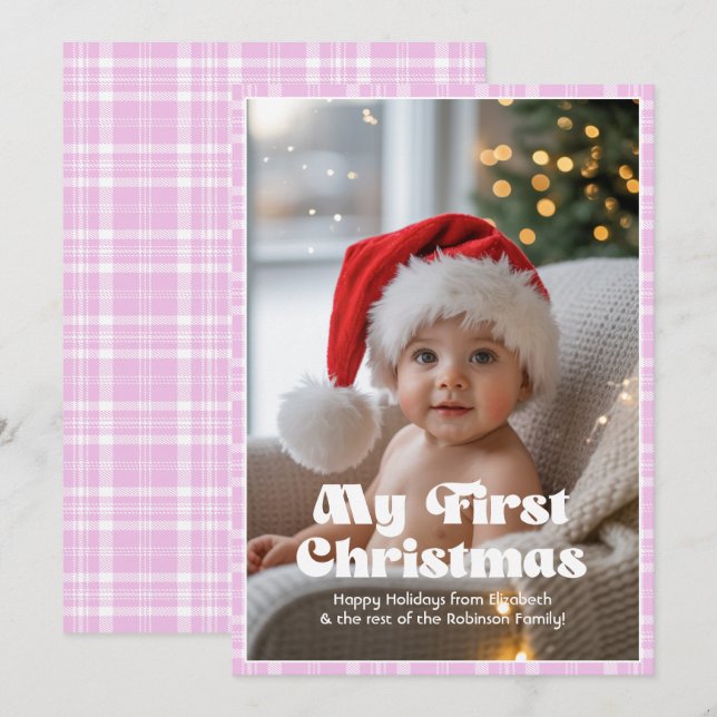 Pink Lavender Gingham My First Christmas Baby Holiday Card (Front/Back)