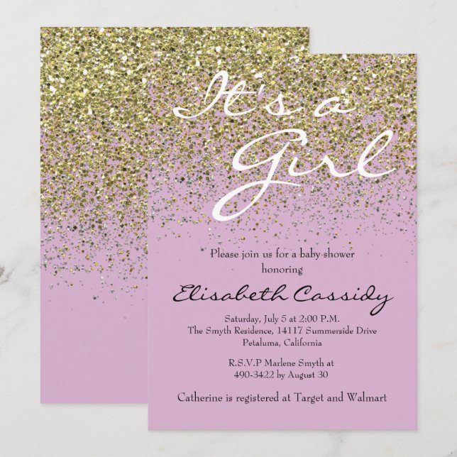 pink Lavender  & Gold Glitter  Baby Shower Invite (Front/Back)