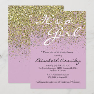 pink Lavender  & Gold Glitter  Baby Shower Invite