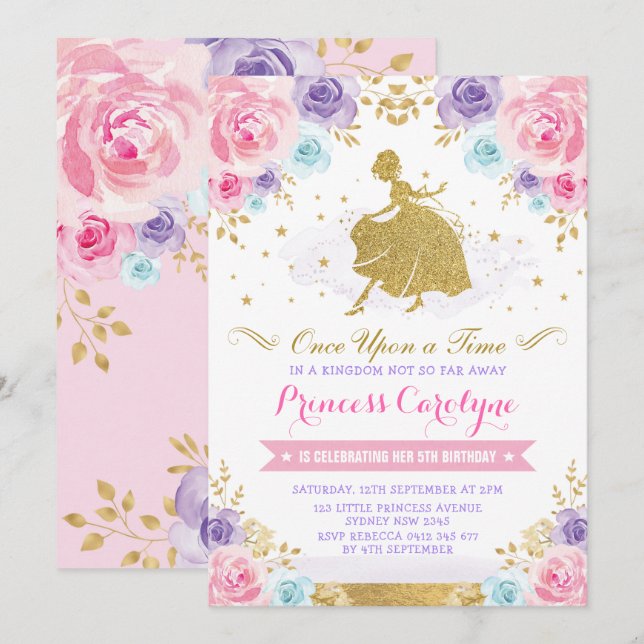 Pink Lavender Gold Princess Cinderella Birthday Invitation (Front/Back)