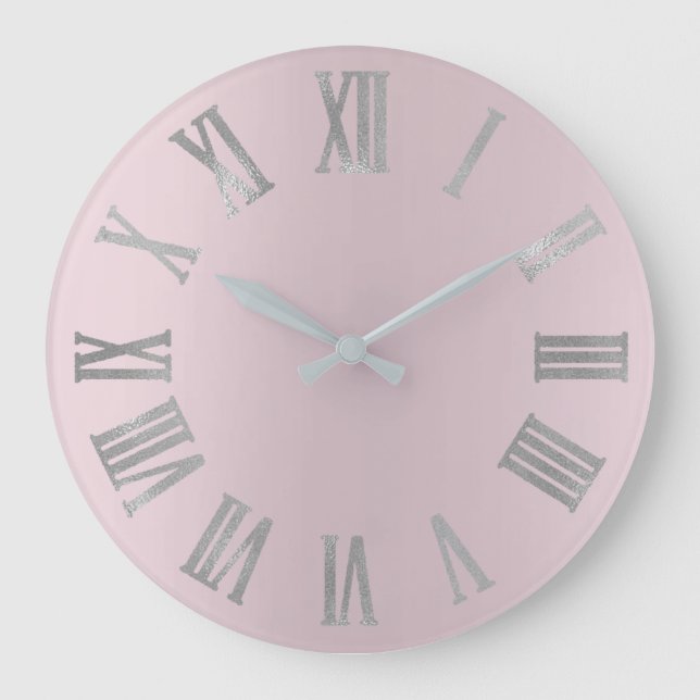 Pink Lavender Grey Minimal Metallic Roman Numers Large Clock (Front)