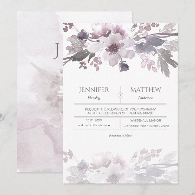 Pink Lavender Grey Watercolor Blossoms Wedding Invitation (Front/Back)