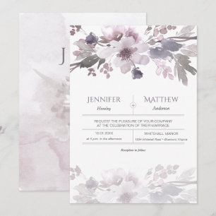 Pink Lavender Grey Watercolor Blossoms Wedding Invitation