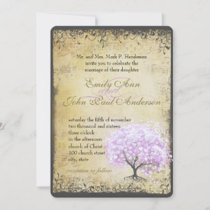 Pink Lavender Heart Leaf Lavender Tree Wedding Invitation