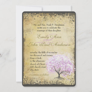 Pink Lavender Heart Leaf Lavender Tree Wedding Invitation