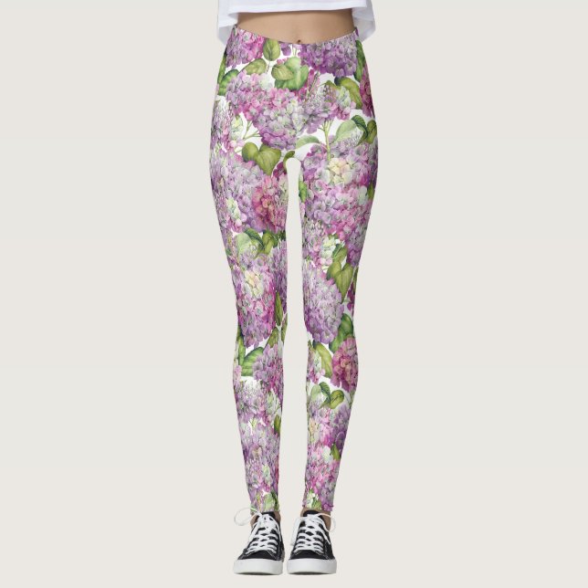 Pink Lavender Hydrangea Floral Pattern Leggings (Front)