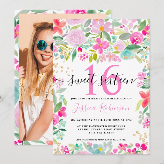Pink lavender loose floral gold script Sweet 16 Invitation (Front/Back)