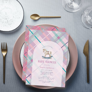 Pink Lavender Plaid Rocking Horse Girl Baby Shower Invitation