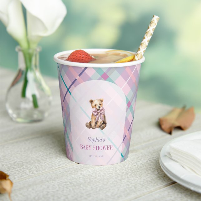 Pink & Lavender Plaid Teddy Bear Baby Shower Paper Cups (Insitu)