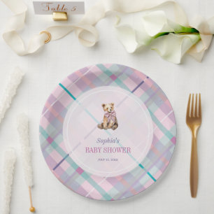 Pink & Lavender Plaid Teddy Bear Girl Baby Shower Paper Plate