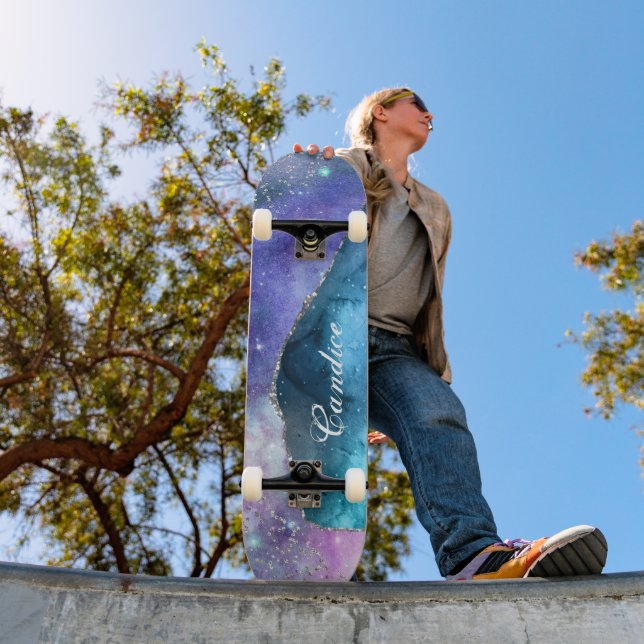 Pink Lavender Teal and Silver Glitter Personalised Skateboard (Outdoor 1)