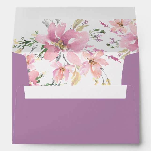 Pink Lavender Watercolor Floral Wedding Envelope (Back (Bottom))
