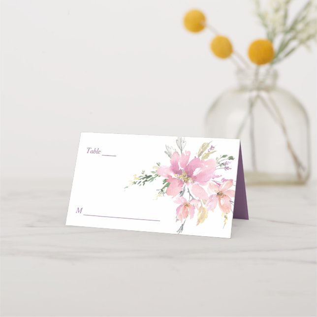 Pink Lavender Watercolor Floral Wedding Place Card (Front)