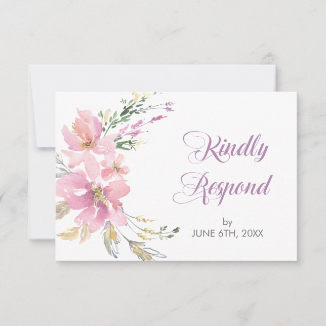 Pink Lavender Watercolor Floral Wedding RSVP (Front)